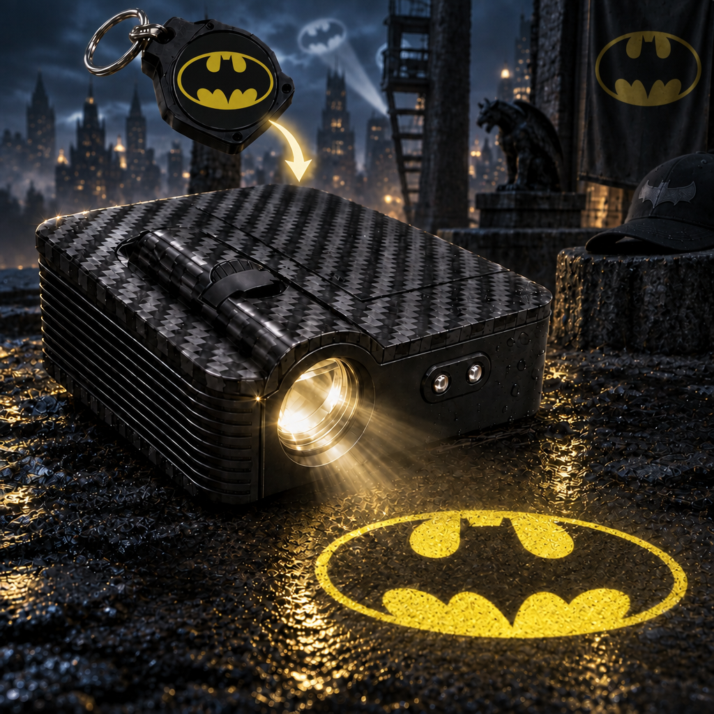 Gotham Glow Dark Knight car-door projector casting a classic yellow bat emblem, with a matching keychain in a Gotham city scene