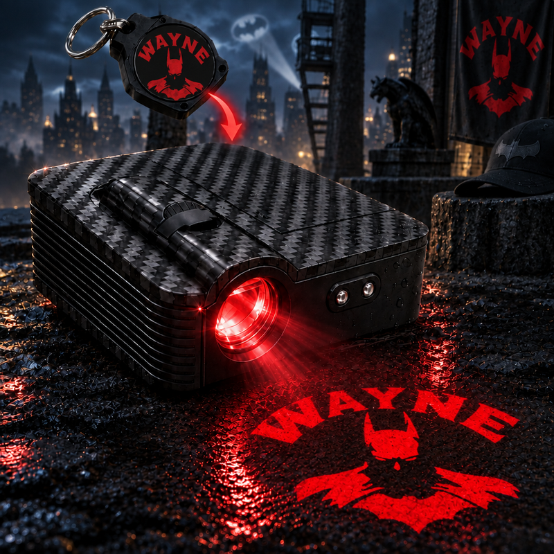 Gotham Glow Wayne Red car-door projector casting a red WAYNE design, with a matching keychain in a Gotham city scene