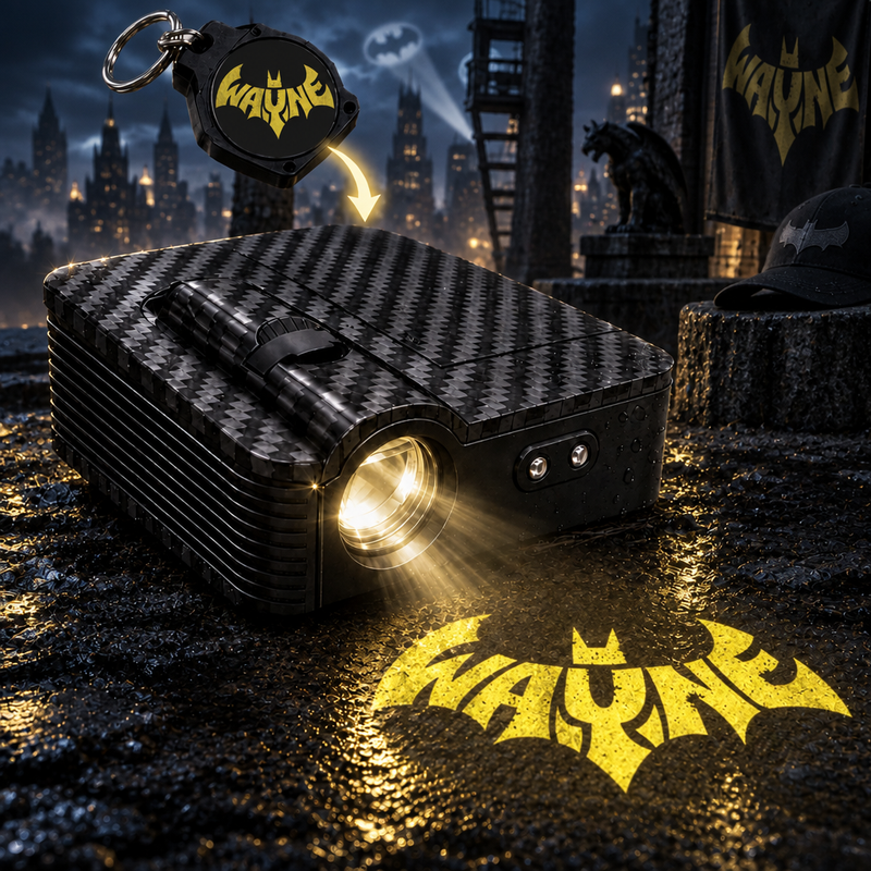 Gotham Glow car door projector casting a yellow WAYNE projection with a matching keychain in a Gotham city scene