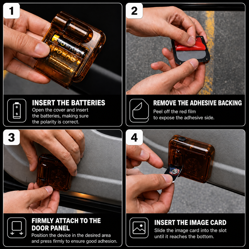GothamGlow projector battery and adhesive installation steps 1–4