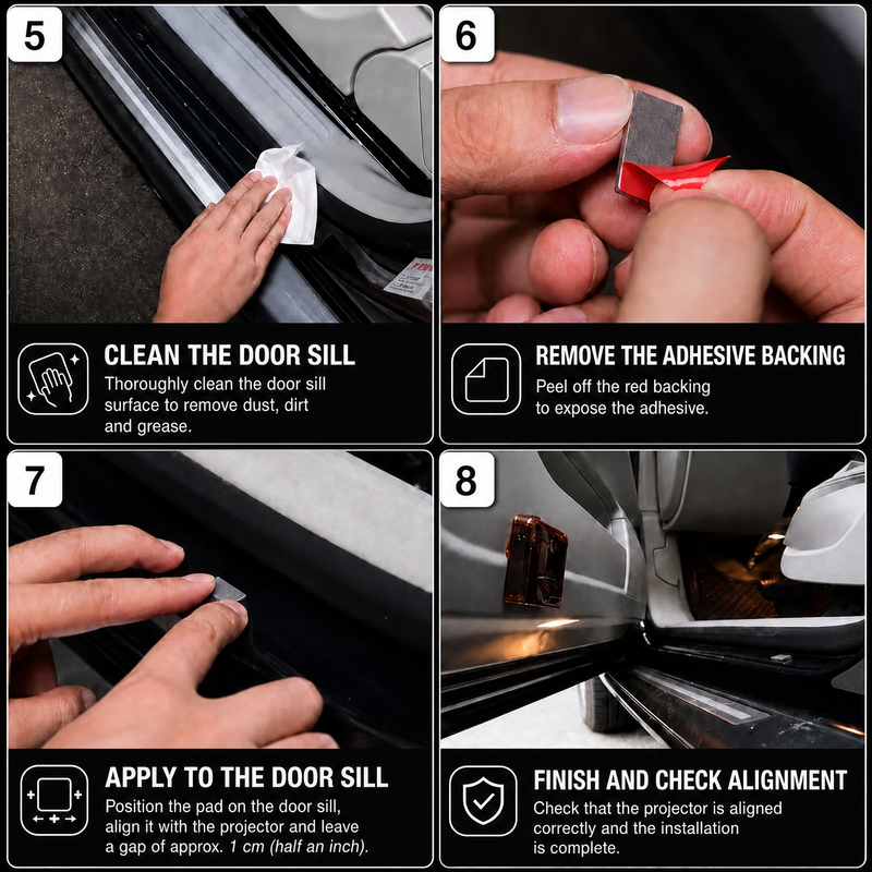 GothamGlow projector door-sill alignment steps 5–8